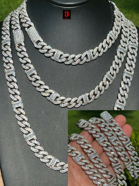 Solid 925 Silver Mens Figarucci Gucci Link Cuban Chain Iced Baguette Diamond Out