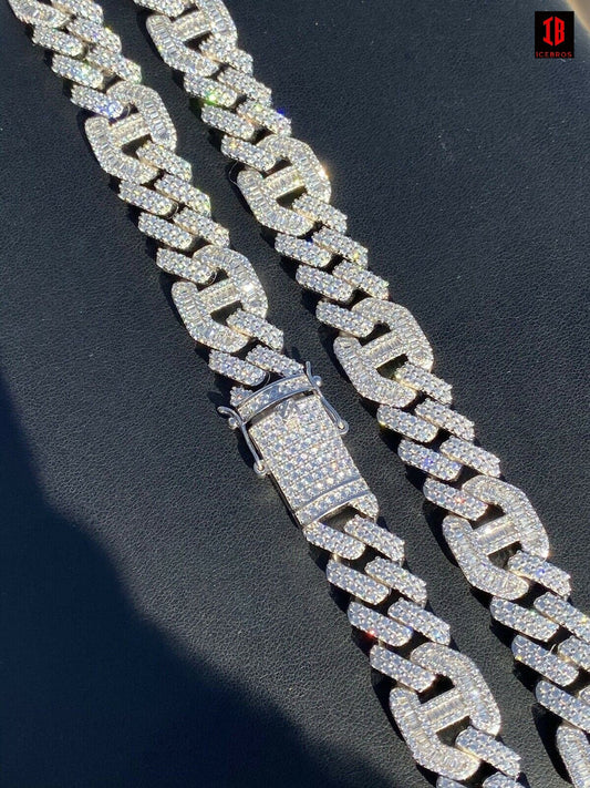 Solid 925 Silver & WHITE Gold Mens Figarucci Gucci Link Prong Cuban Chain Hip Hop