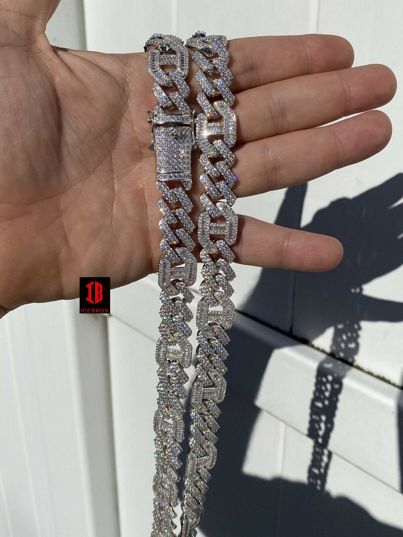 Solid 925 Silver & WHITE Gold Mens Figarucci Gucci Link Prong Cuban Chain Hip Hop