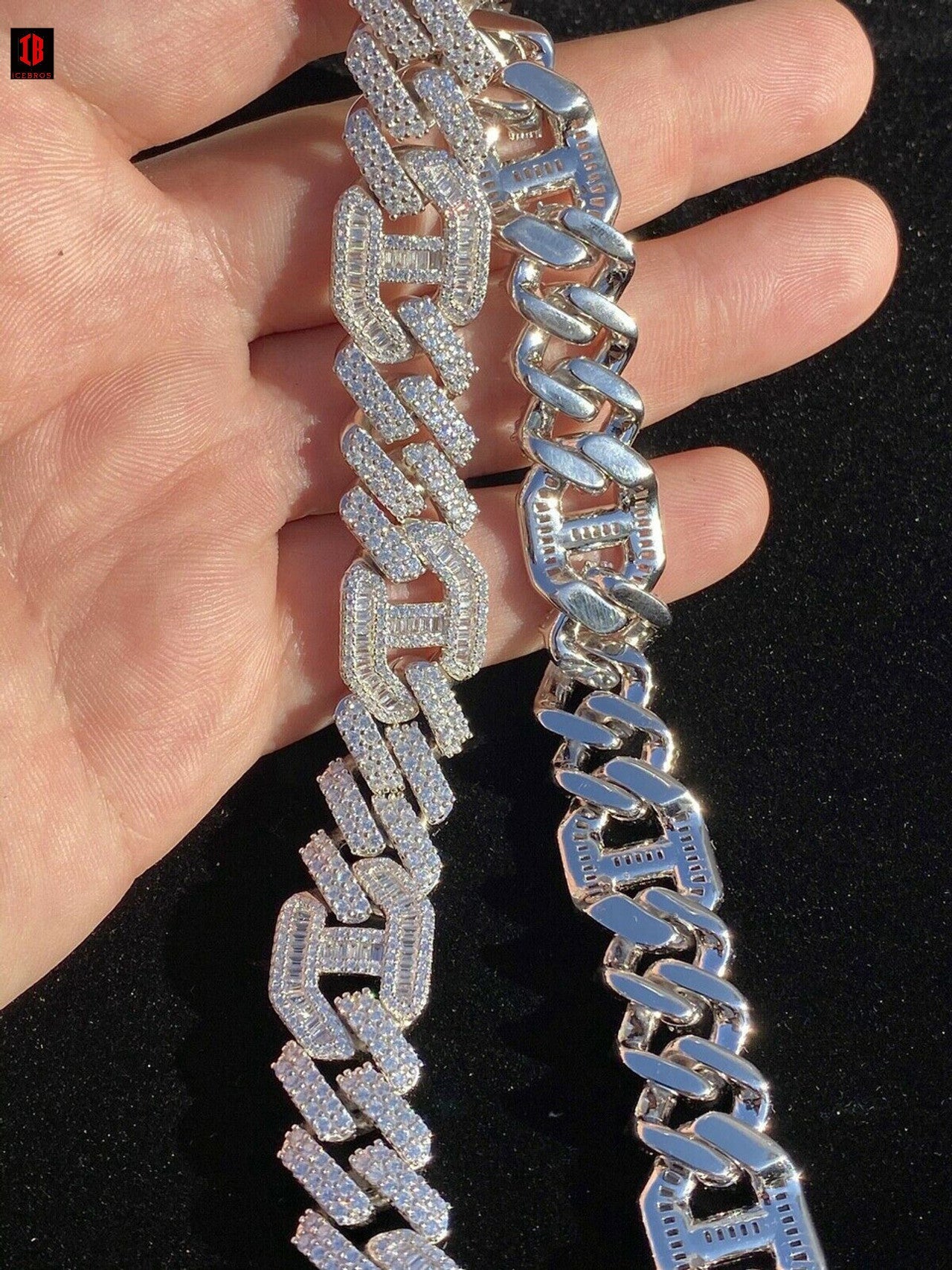 Solid 925 Silver & WHITE Gold Mens Figarucci Gucci Link Prong Cuban Chain Hip Hop