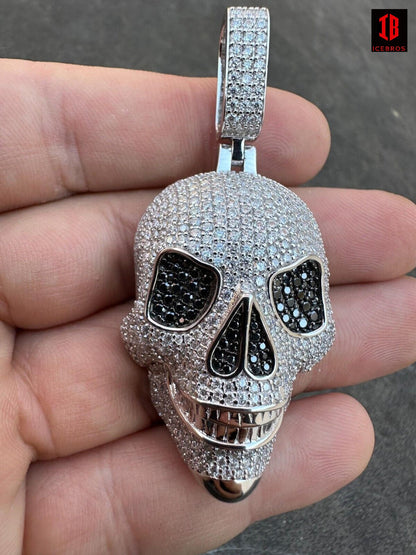 Edgy 14k White silver skull necklace with black diamonds.