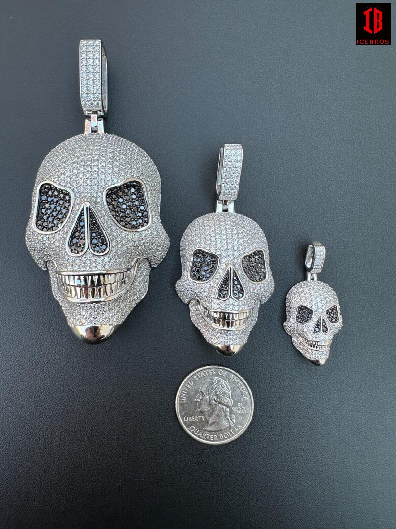 Three Different Sizes of 14k White Gold Skull Pendants 