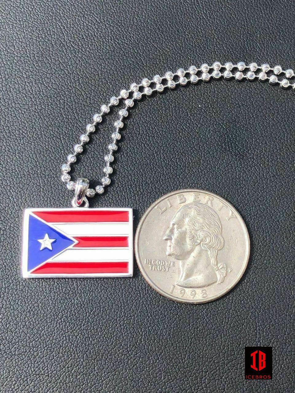 925 Silver Puerto Rico Flag Pendant Solid Enamel Free Chain Men's Ladies