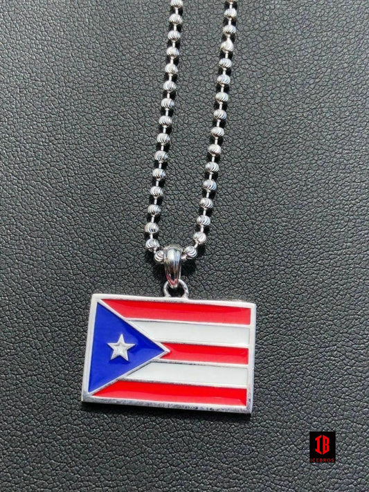 925 Silver Puerto Rico Flag Pendant Solid Enamel Free Chain Men's Ladies