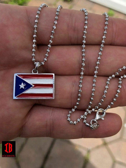 925 Silver Puerto Rico Flag Pendant Solid Enamel Free Chain Men's Ladies