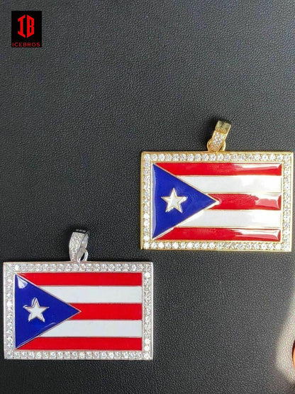 925 Silver Puerto Rico Enamel Flag Pendant 2inch Wide BORICUA Rican Chain 14k Gold