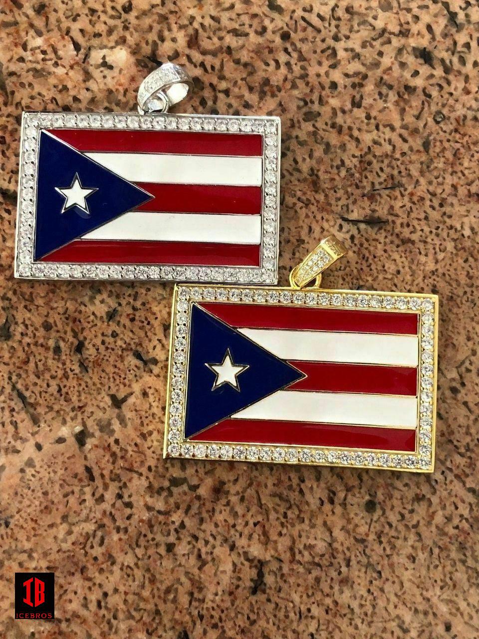 925 Silver Puerto Rico Enamel Flag Pendant 2inch Wide BORICUA Rican Chain 14k Gold