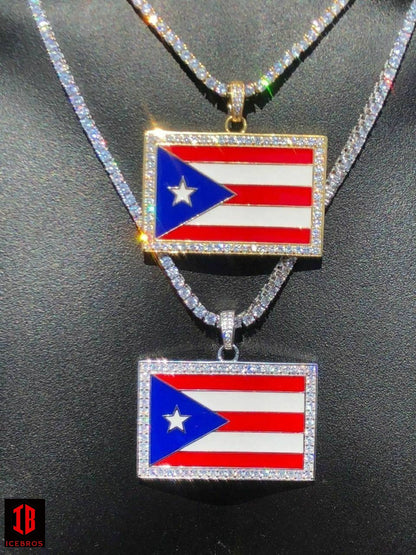 925 Silver Puerto Rico Enamel Flag Pendant 2inch Wide BORICUA Rican Chain 14k Gold