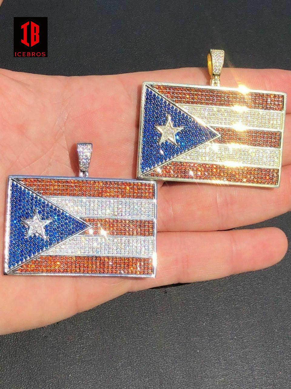 Micro 925 Silver Puerto Rico Flag Pendant BORICUA Rican 14k Gold cz