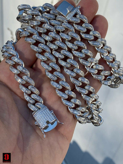 WHITE GOLD Solid 925 Sterling Silver 12mm Baguette Diamond Miami Cuban Link Chain Necklace