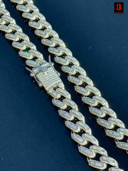 YELLOW GOLD Solid 925 Sterling Silver 12mm Baguette Diamond Miami Cuban Link Chain Necklace