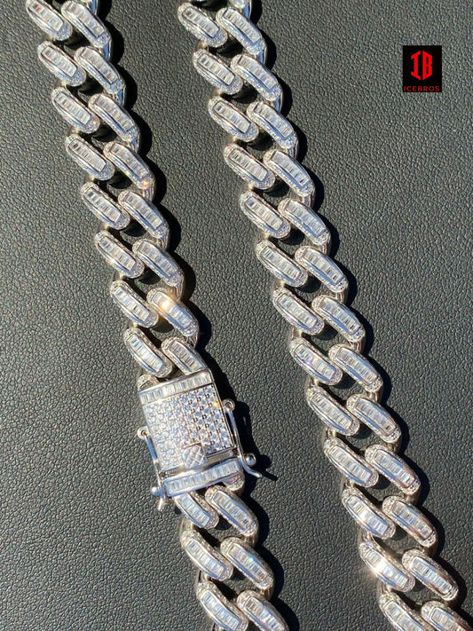 WHITE GOLD Solid 925 Sterling Silver 12mm Baguette Diamond Miami Cuban Link Chain Necklace