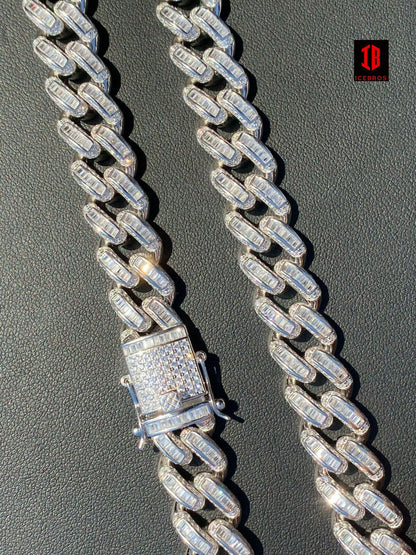 YELLOW GOLD Solid 925 Sterling Silver 12mm Baguette Diamond Miami Cuban Link Chain Necklace