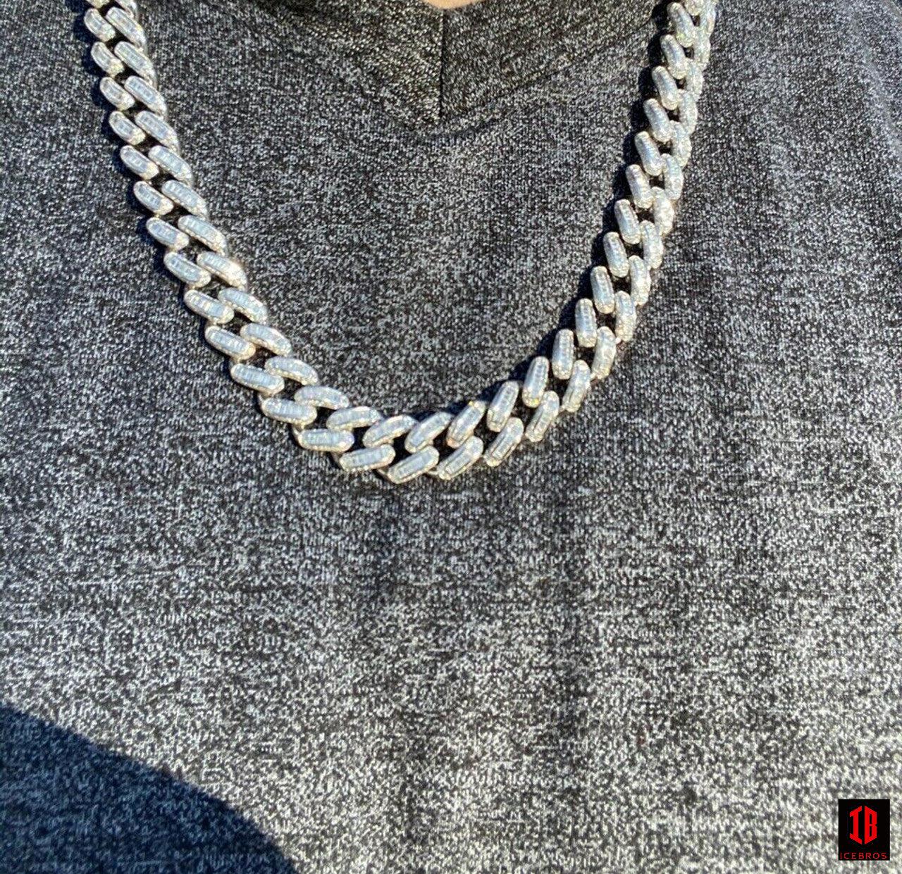 WHITE GOLD Solid 925 Sterling Silver 12mm Baguette Diamond Miami Cuban Link Chain Necklace