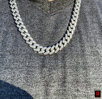 YELLOW GOLD Solid 925 Sterling Silver 12mm Baguette Diamond Miami Cuban Link Chain Necklace