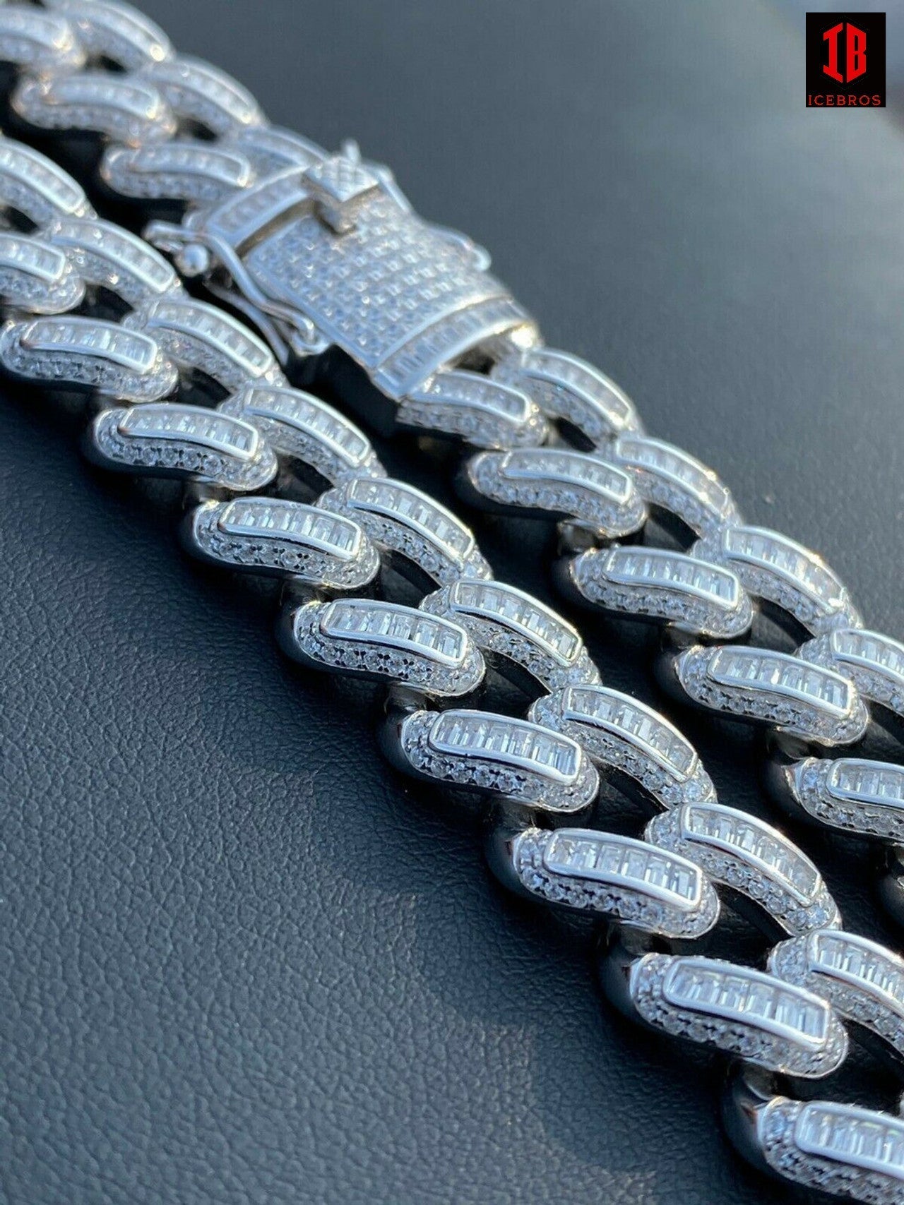 YELLOW GOLD Solid 925 Sterling Silver 12mm Baguette Diamond Miami Cuban Link Chain Necklace