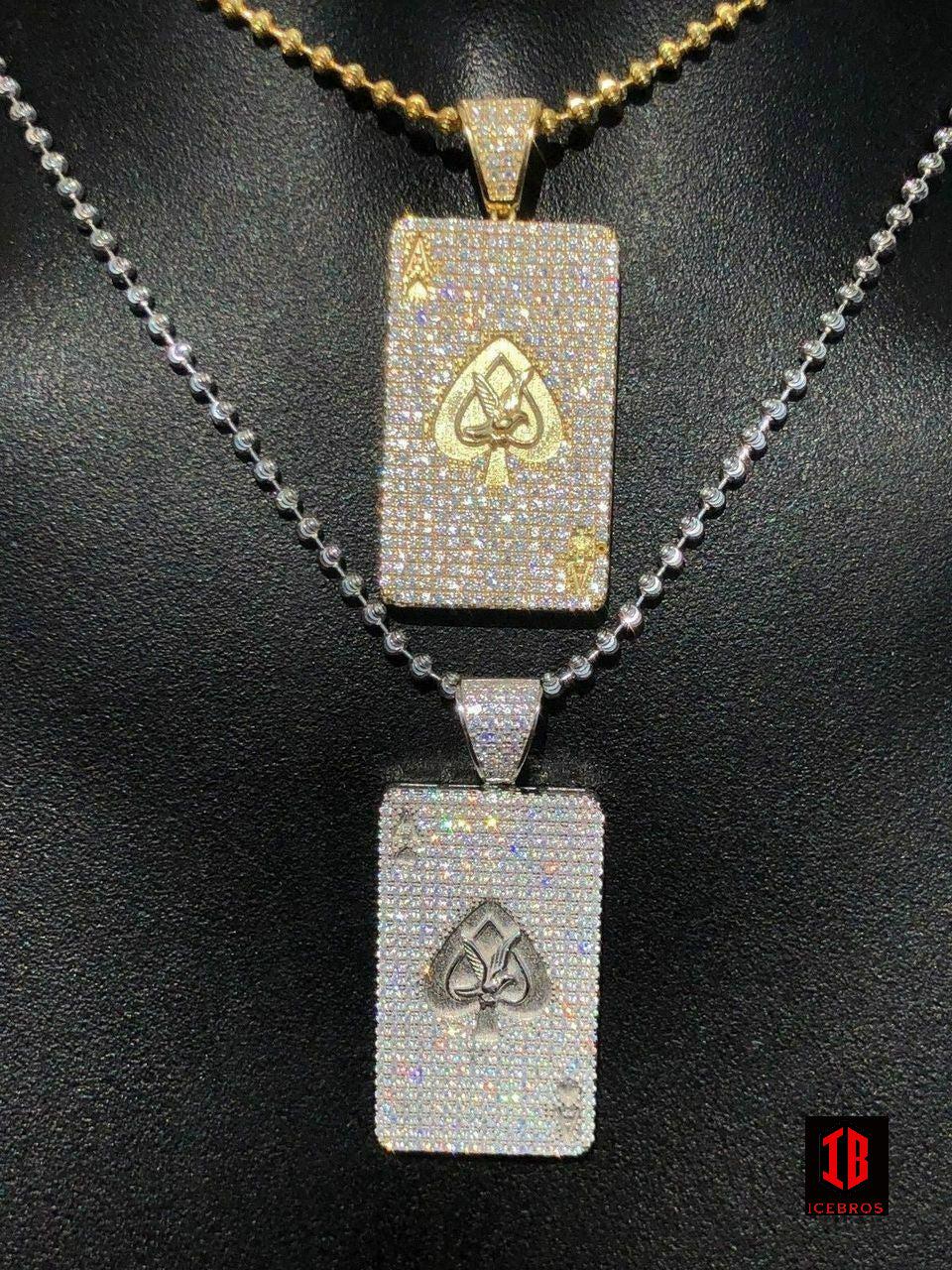 Fine 925 Sterling Silver 14k Gold Ace of Spades Poker Card Diamond Pendant