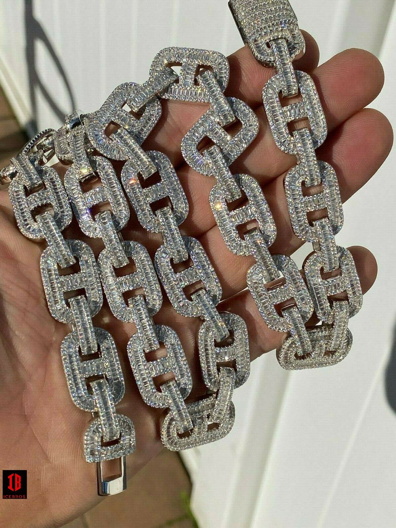 WHITE GOLD 925 Sterling Silver Baguette Gucci Link Chain Iced 15mm Thick Flooded Out