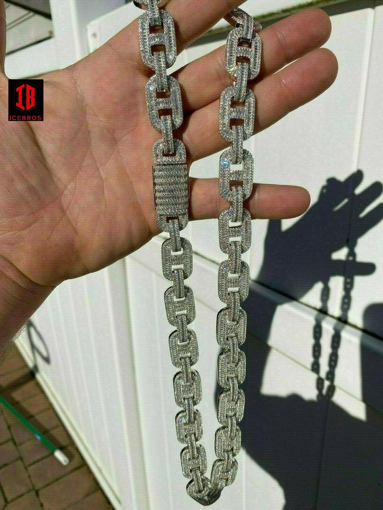 WHITE GOLD 925 Sterling Silver Baguette Gucci Link Chain Iced 15mm Thick Flooded Out