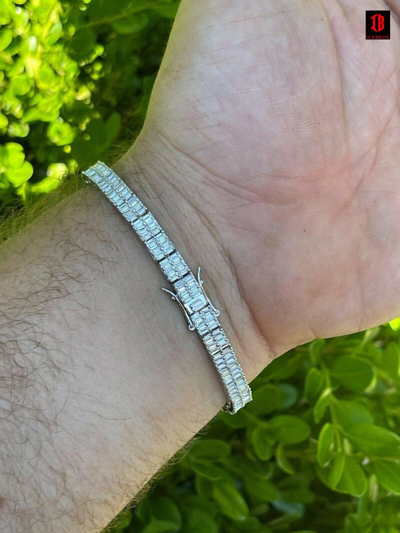 SOLID 925 Sterling Silver Baguette Tennis Bracelet ICED Diamond Necklace Hip Hop