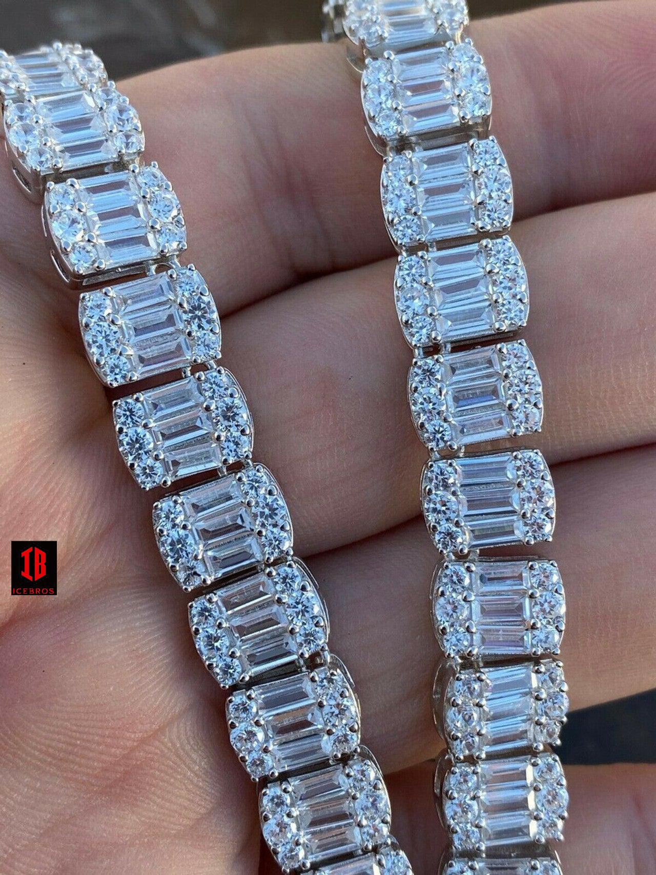 Fine 925 Sterling Silver Men's 11mm Baguette Tennis Chain Real Iced Diamond Hip Hop