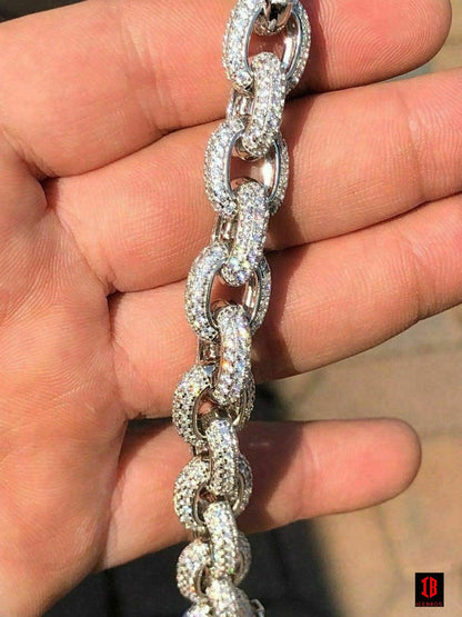 Solid 925 Sterling Silver Mens Thick Heavy Rolo Chain Iced CZ HANDMADE Diamonds Flooded Out (WHITE GOLD)