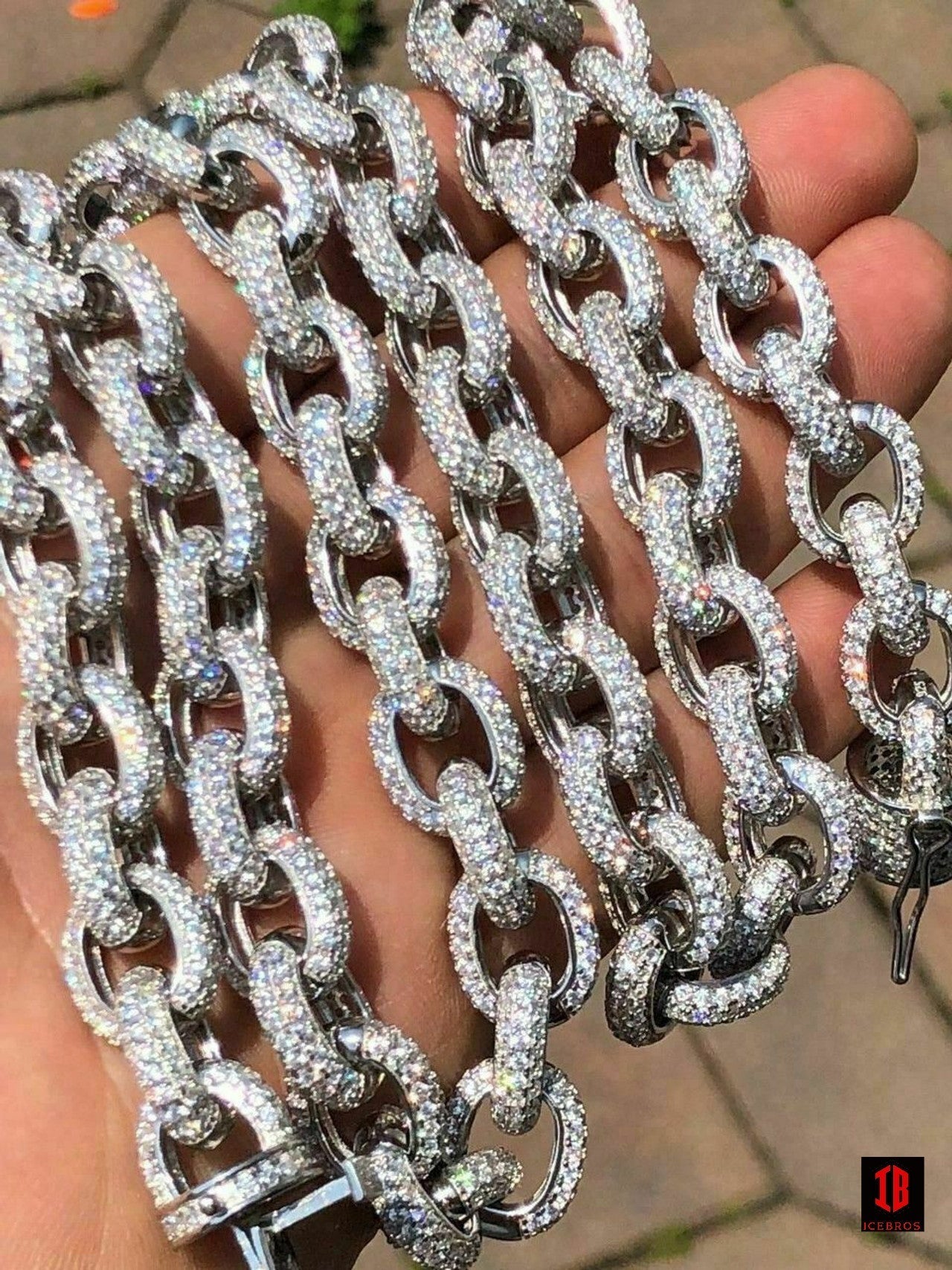 Solid 925 Sterling Silver Mens Thick Heavy Rolo Chain Iced CZ HANDMADE Diamonds Flooded Out (YELLOW GOLD)