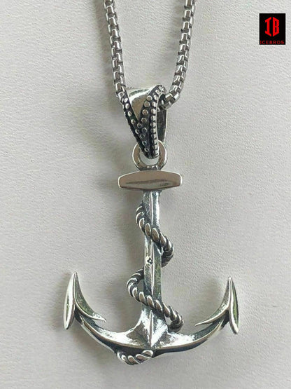 925 Sterling Silver Nautical NAVY Anchor Men;s Pendant W. 22” Necklace