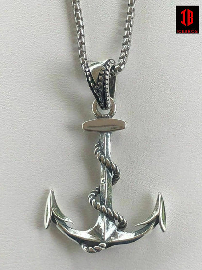 925 Sterling Silver Nautical NAVY Anchor Men;s Pendant W. 22” Necklace