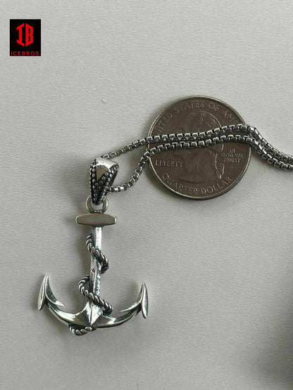 925 Sterling Silver Nautical NAVY Anchor Men;s Pendant W. 22” Necklace