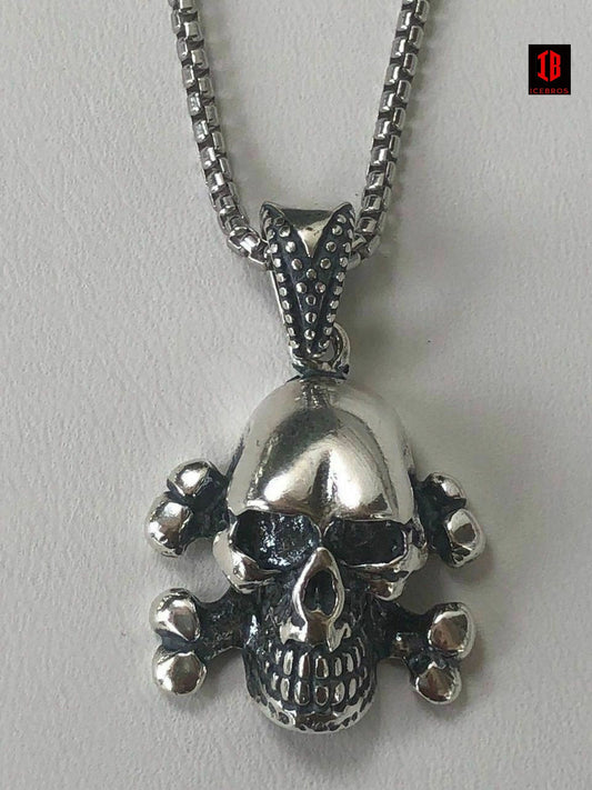 925 Sterling Silver Pirate Skull Crossbones Men's Punk Pendant + 22” Chain