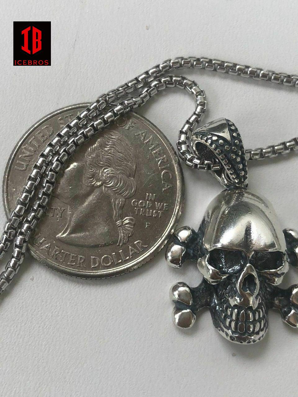 925 Sterling Silver Pirate Skull Crossbones Men's Punk Pendant + 22” Chain