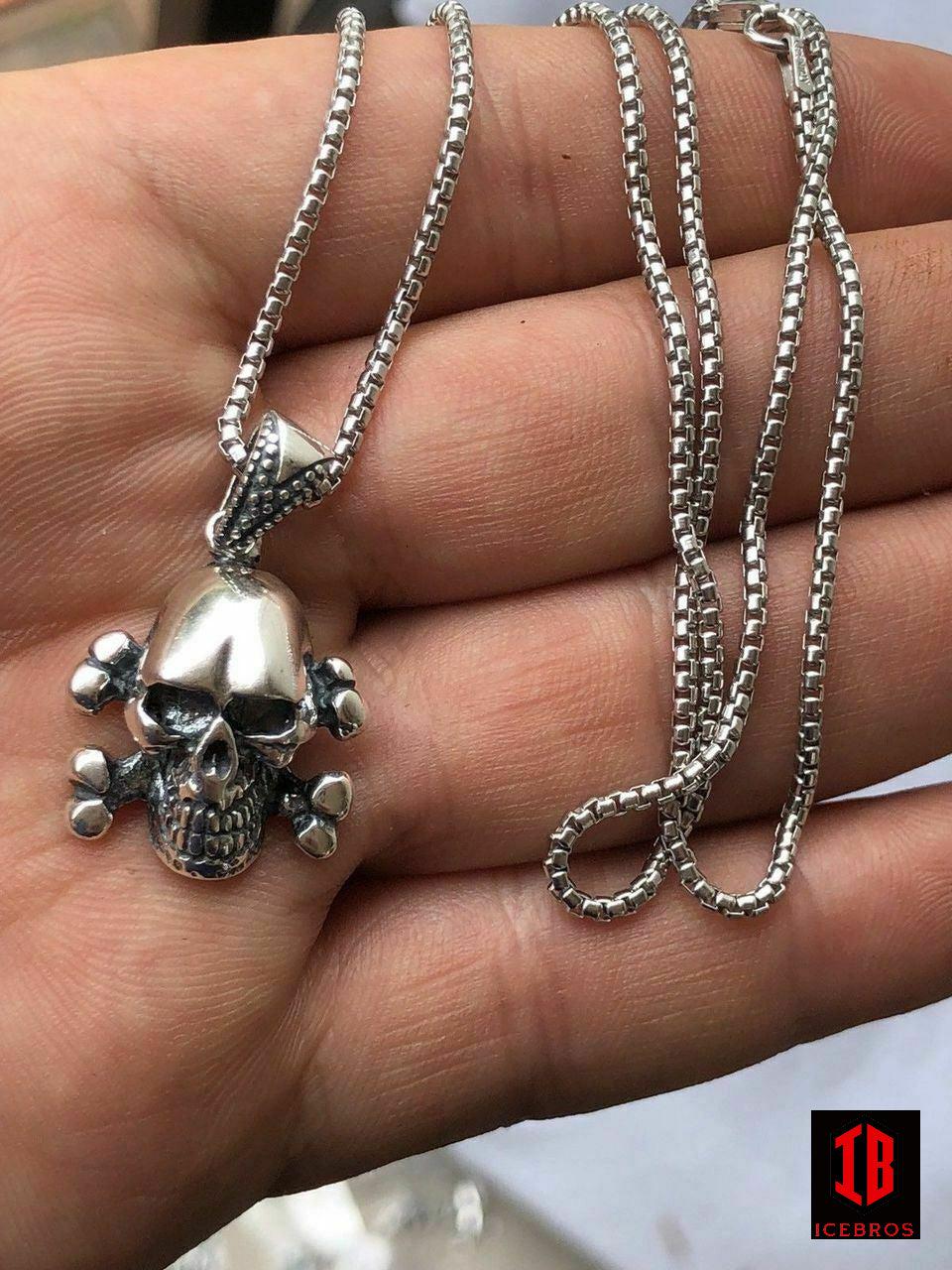 925 Sterling Silver Pirate Skull Crossbones Men's Punk Pendant + 22” Chain