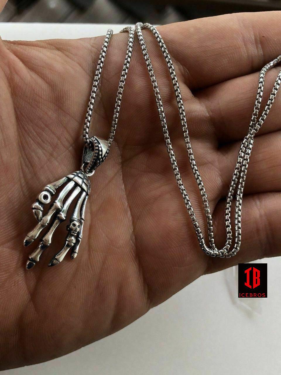 925 Sterling Silver Skeleton Hand Skull Men's Biker Goth Pendant 22” Chain