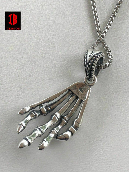 925 Sterling Silver Skeleton Hand Skull Men's Biker Goth Pendant 22” Chain