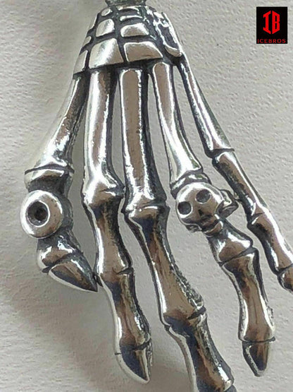 925 Sterling Silver Skeleton Hand Skull Men's Biker Goth Pendant 22” Chain