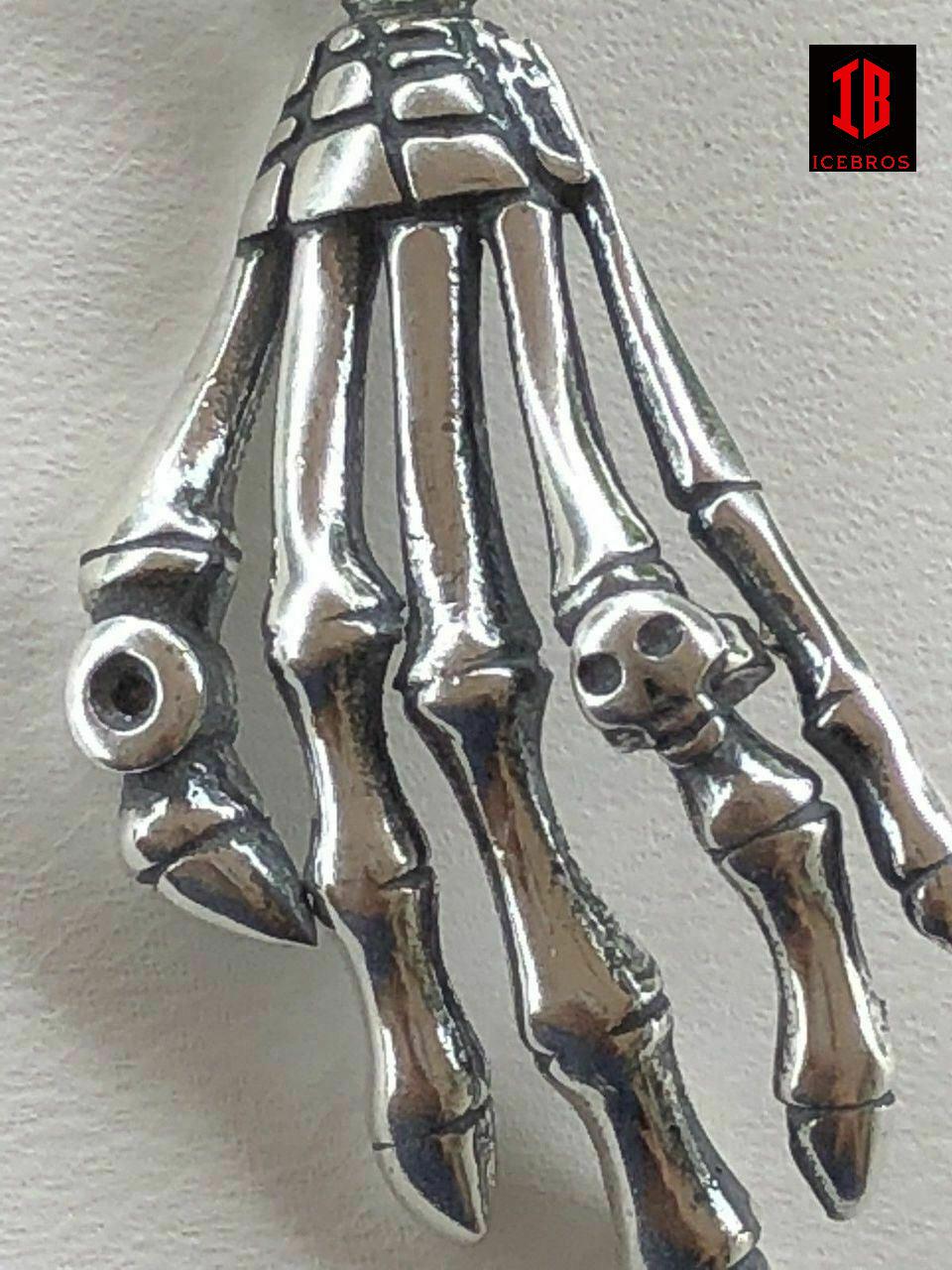 925 Sterling Silver Skeleton Hand Skull Men's Biker Goth Pendant 22” Chain