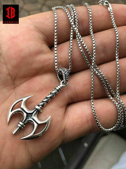 925 Sterling Silver Viking Battle Axe Men's Gothic Pendant + 22” Chain