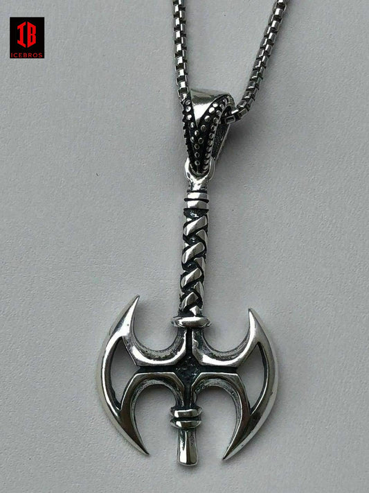 925 Sterling Silver Viking Battle Axe Men's Gothic Pendant + 22” Chain