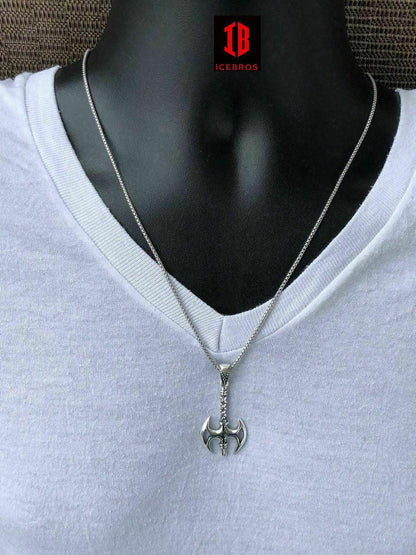 925 Sterling Silver Viking Battle Axe Men's Gothic Pendant + 22” Chain