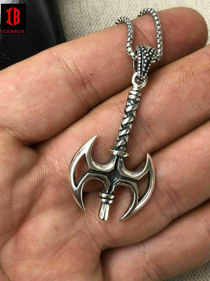 925 Sterling Silver Viking Battle Axe Men's Gothic Pendant + 22” Chain