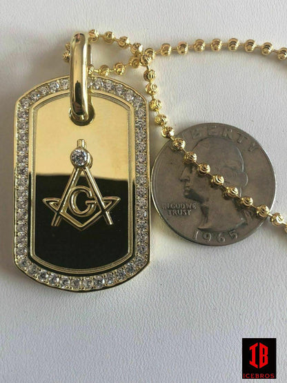 Sterling Silver 925 *14k Gp* Free Mason Masonic Dog Tag Diamond Pendant