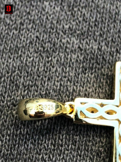 Sterling Silver 925 *14k Gold Bonded* Men's Small Cross Pendant Man Diamonds