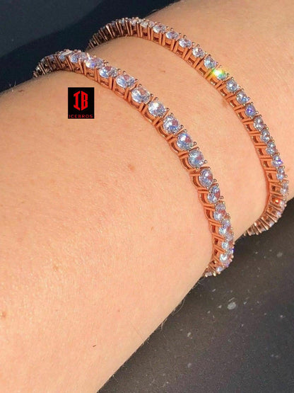 Tennis Bracelet Rose Gold Over SOLID 925 Sterling Silver ITALY Diamond 3-5mm ICY