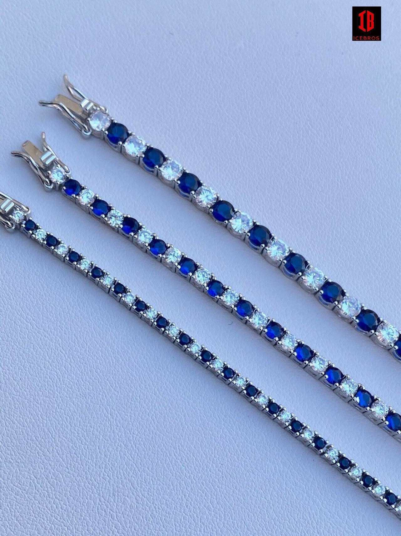 Tennis Bracelet SOLID 925 Sterling Silver Single Row Diamond & Blue Sapphire