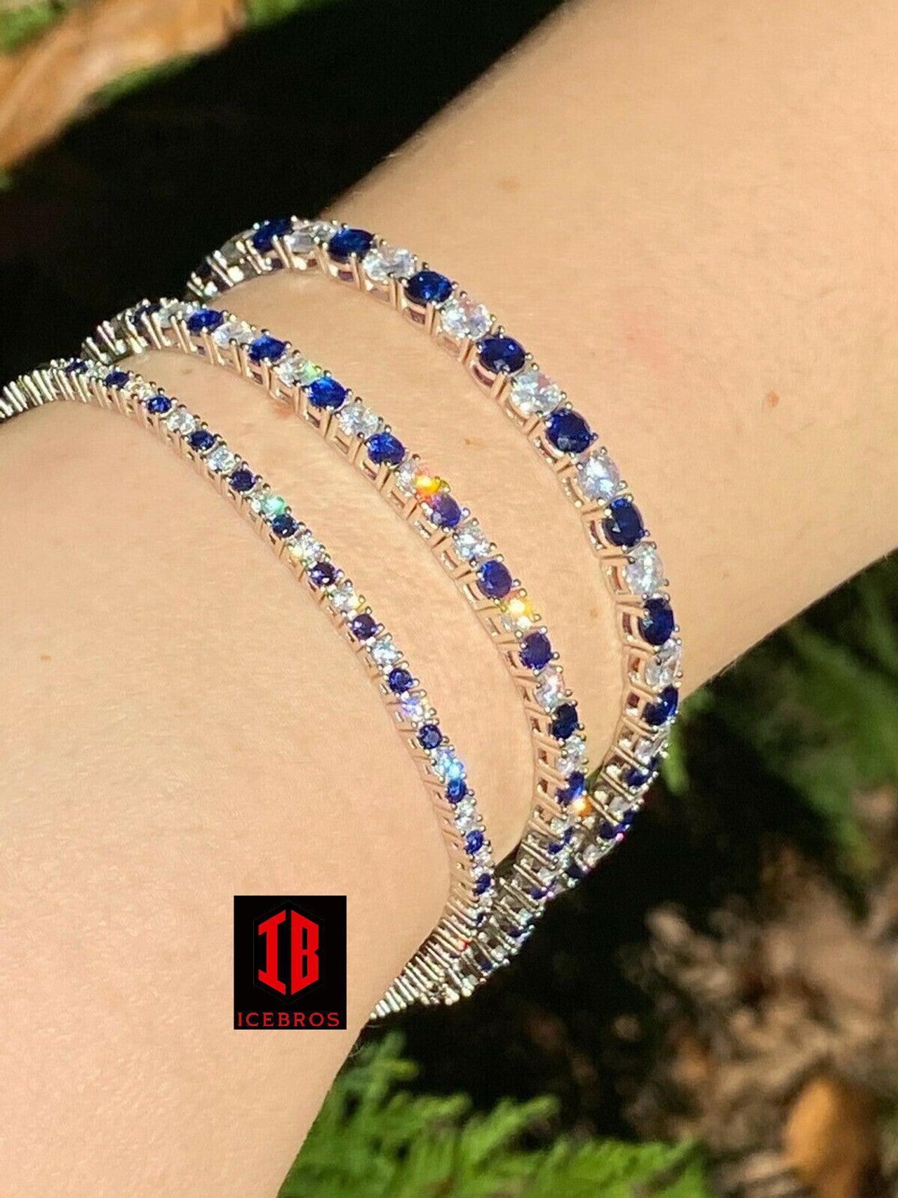 Tennis Bracelet SOLID 925 Sterling Silver Single Row Diamond & Blue Sapphire
