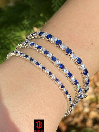 Tennis Bracelet SOLID 925 Sterling Silver Single Row Diamond & Blue Sapphire