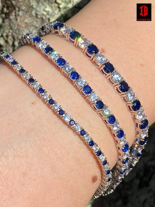 Tennis Bracelet SOLID 925 Sterling Silver Single Row Diamond & Blue Sapphire