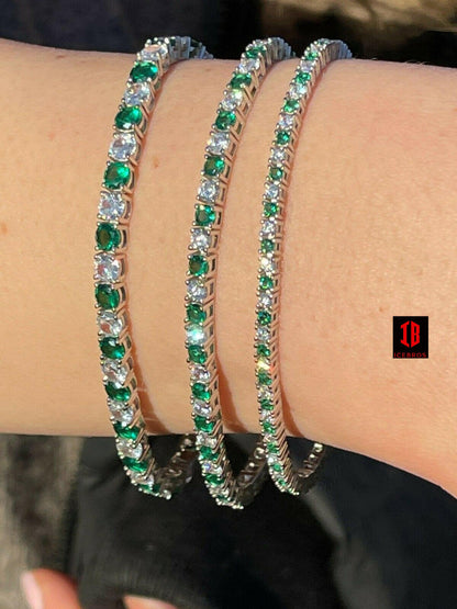 Tennis Bracelet SOLID 925 Sterling Silver Single Row Diamond & Green Emerald