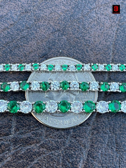 Tennis Bracelet SOLID 925 Sterling Silver Single Row Diamond & Green Emerald